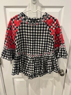 Anthropologie Pankaj&Nidhi Embroidered floral Gingham Peplum Top.Size XS.